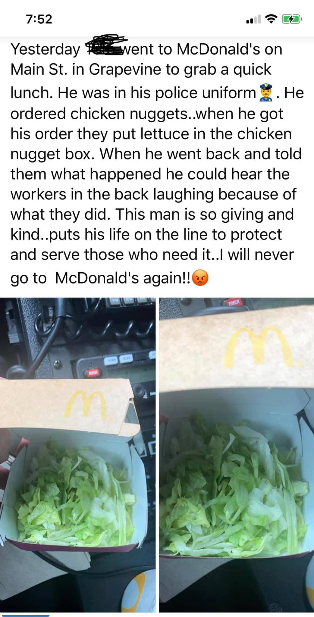 (*UPDATED) Texas McDonald’s Serves Cop Box of Lettuce in Place of Meal